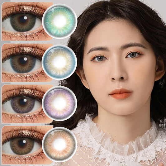 A young lady showcasing IRIS II series colored contact lenses, with close-up insets highlighting the natural and enhanced eye colors available 
