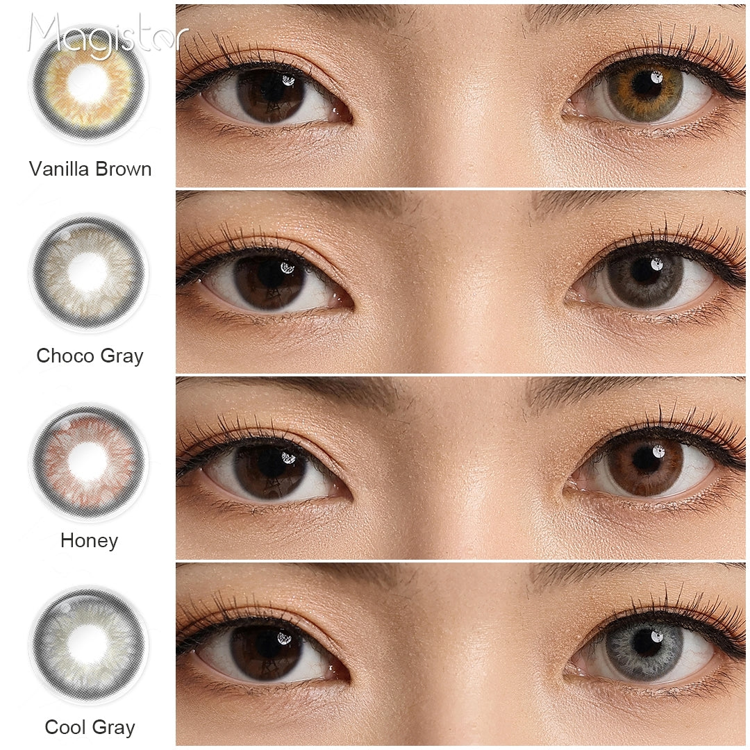 A display of Iris colored contacts in Vanilla Brown，Choco Gray, Honey and Cool Gray, each shown both as a lens swatch and wearing comparison in a close-up of a model's eye , with the color names labeled beneath each image.