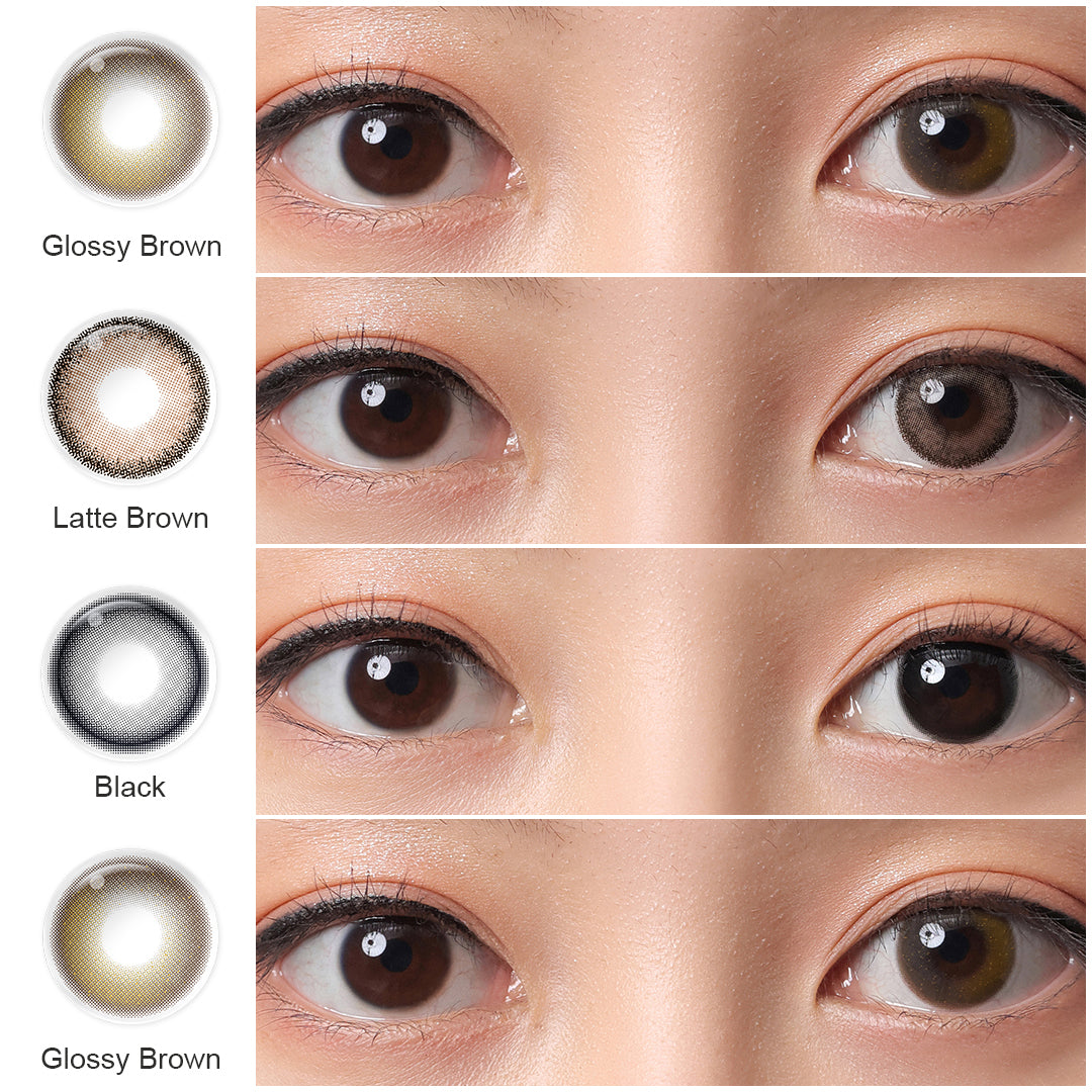 A display of Joyce colored contact lenses in Glossy Brown, Latte Brown and Black, each shown both as a lens swatch and wearing comparison in a close-up of a model's eye , with the color names labeled.
