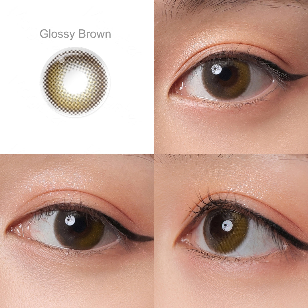 Grid display of 1 shade of Joyce colored contact lenses, labeled Glossy Brown, with a close-up view of the lens pattern and the effect on a brown-eyed model in 3 different angel.