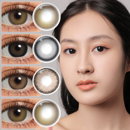 A young lady showcasing Joyce colored contact lenses, with close-up insets highlighting the natural and enhanced eye colors available.