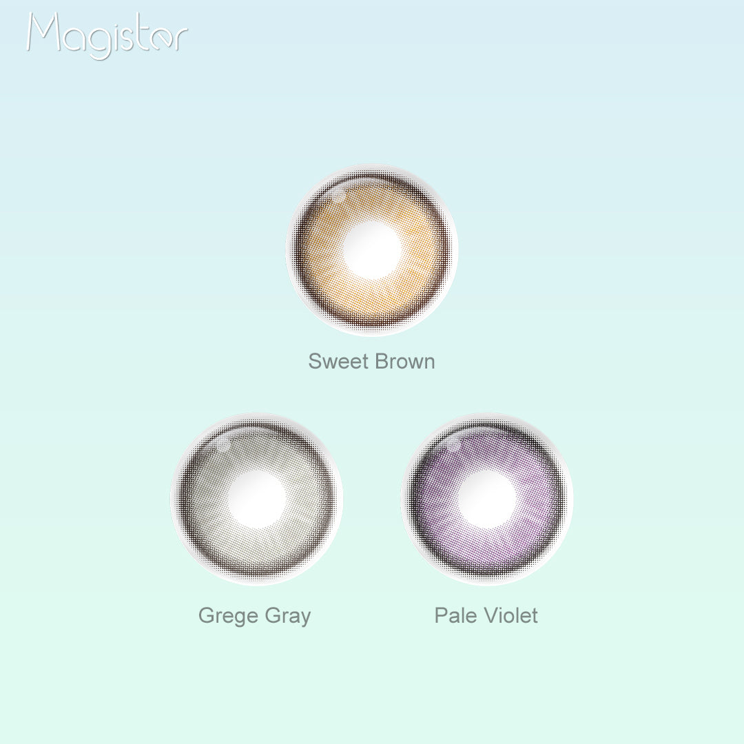 Array of Luna contact lenses in a white case, showcasing 4 colors: sweet brown, grege gray, pale violet,sweet brown. Each lens is labeled with its color name beneath the case.
