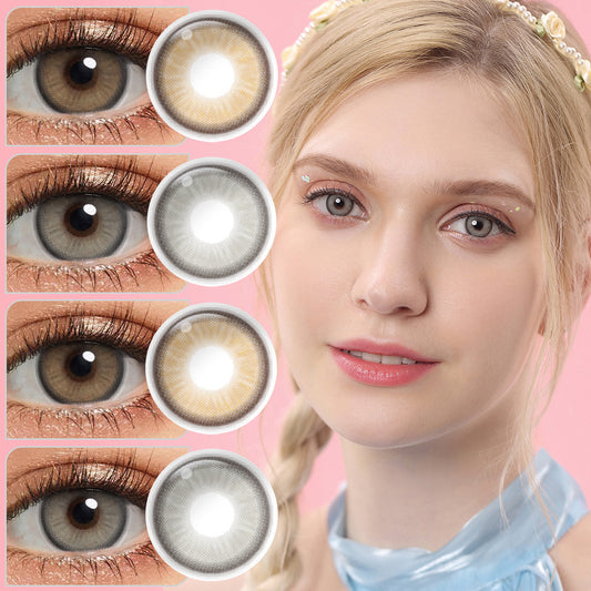 A young lady showcasing Luna series colored contact lenses, with close-up insets highlighting the natural and enhanced eye colors available 