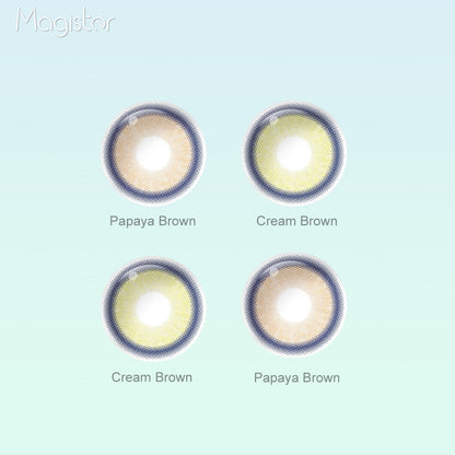Grid layout of Melody colored contacts in various shades with each lens' color name: Papaya Brown，Cream Brown, on a soft gradient background.