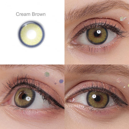 Showcase of one Melody contact lenses in natural eye settings, labeled Cream Brown, demonstrating the transformative effect from 3 sides on the wearer's eye color.