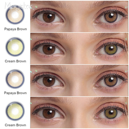 A display of Melody colored contacts in Papaya Brown，Cream Brown, each shown both as a lens swatch and wearing comparison in a close-up of a model's eye , with the color names labeled beneath each image.