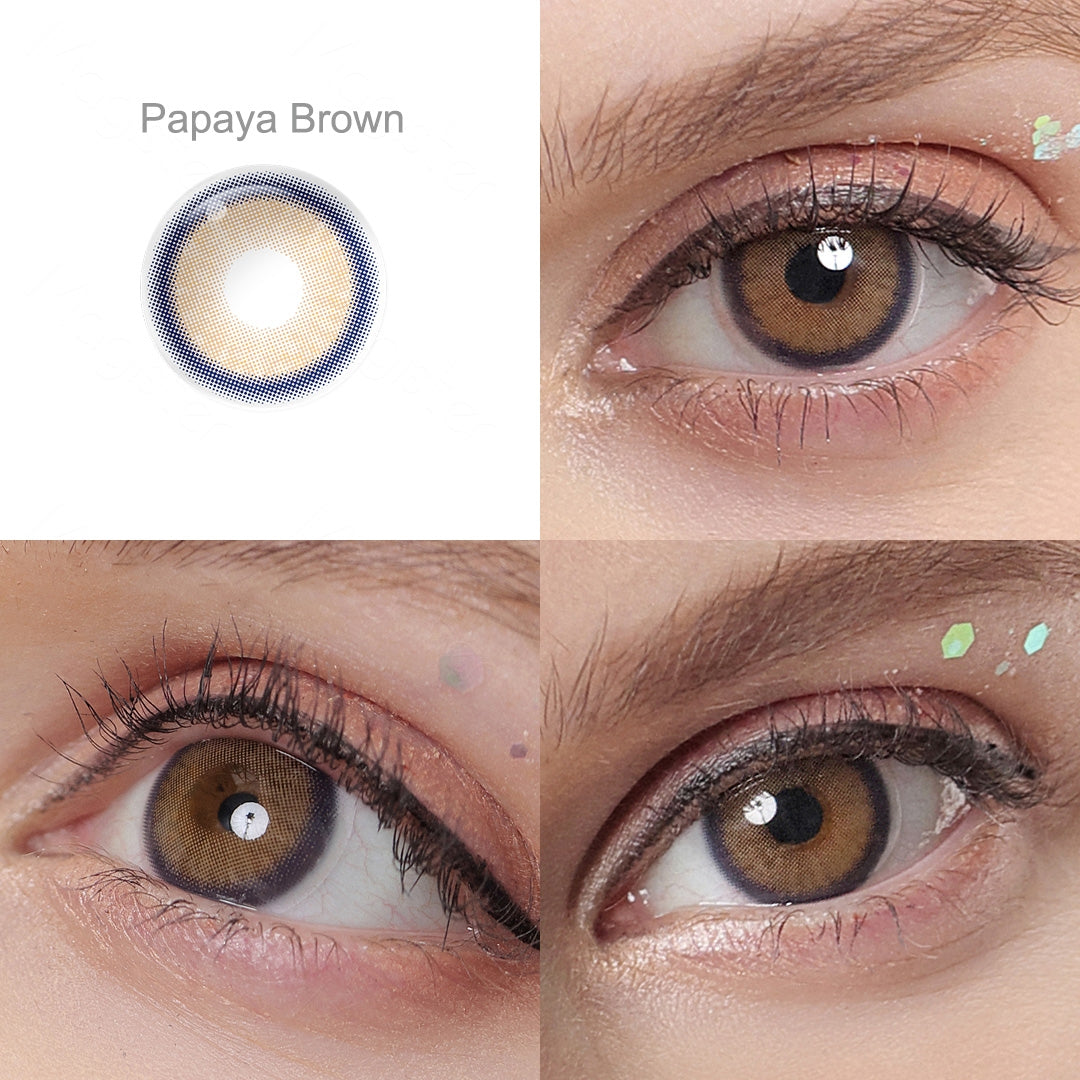 Showcase of one Melody contact lenses in natural eye settings, labeled Papaya Brown, demonstrating the transformative effect from 3 sides on the wearer's eye color.