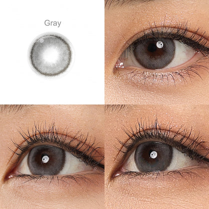 Grid display of 1 shade of Mystery colored contact lenses, labeled Gray, with a close-up view of the lens pattern and the effect on a brown-eyed model in 3 different angel.