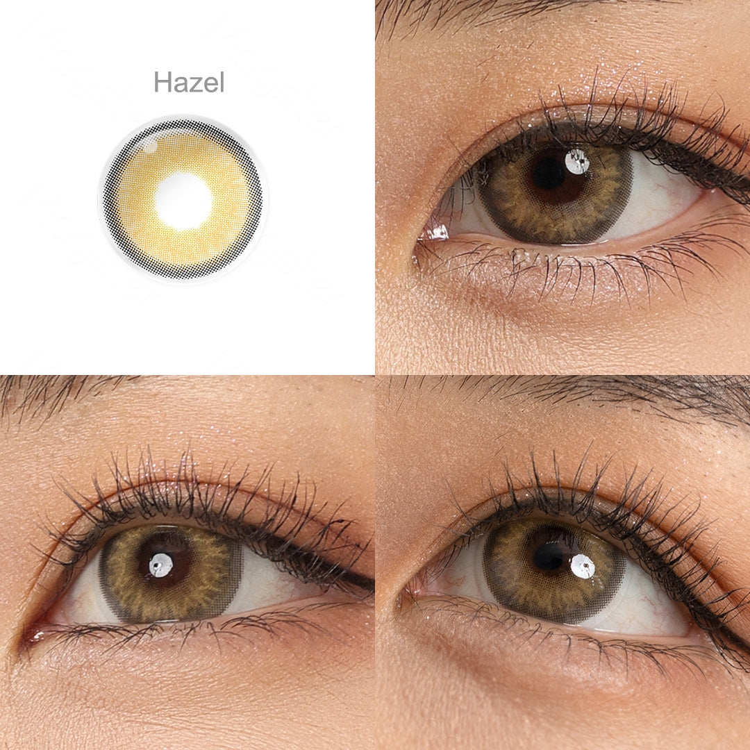 Grid display of 1 shade of Mystery colored contact lenses, labeled Hazel, with a close-up view of the lens pattern and the effect on a brown-eyed model in 3 different angel.