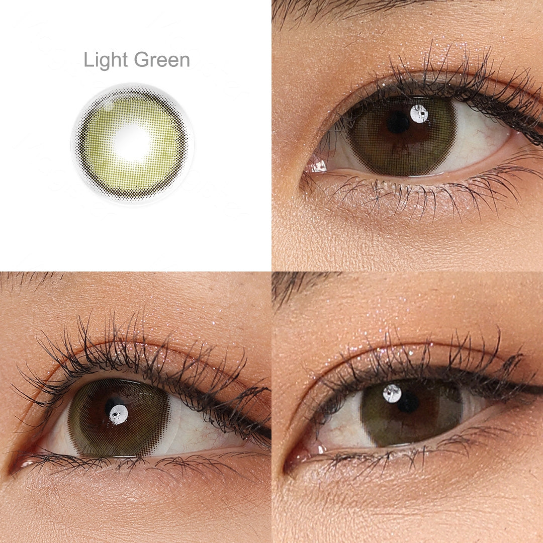 Grid display of 1 shade of Mystery colored contact lenses, labeled Light Green, with a close-up view of the lens pattern and the effect on a brown-eyed model in 3 different angel.