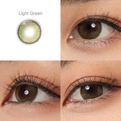Grid display of 1 shade of Mystery colored contact lenses, labeled Light Green, with a close-up view of the lens pattern and the effect on a brown-eyed model in 3 different angel.