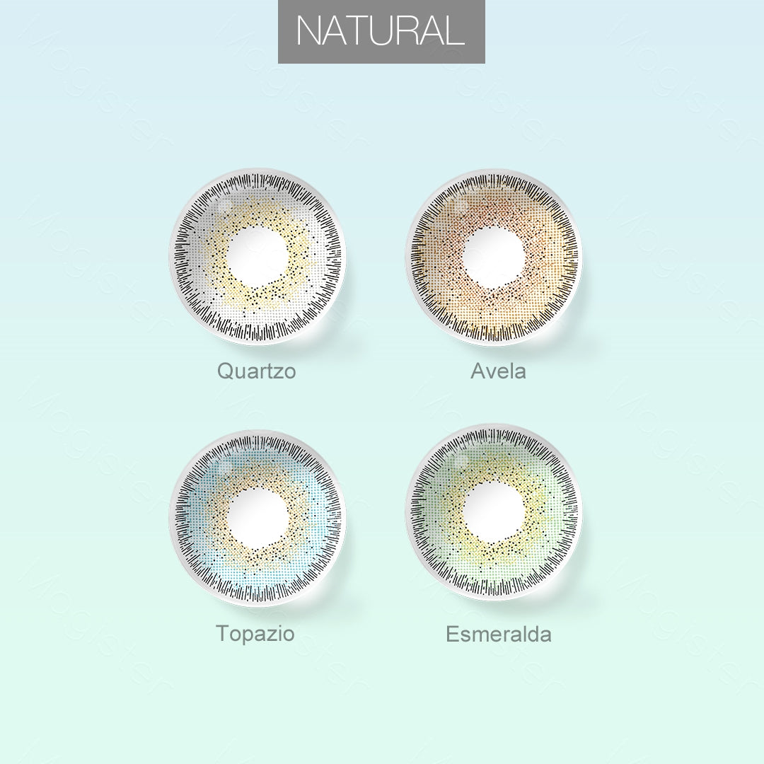 Grid layout of NATURAL colored contact lenses in various shades with each lens' color name: Quartzo, Avela, Topazio and Esmeralda, on a soft gradient background.