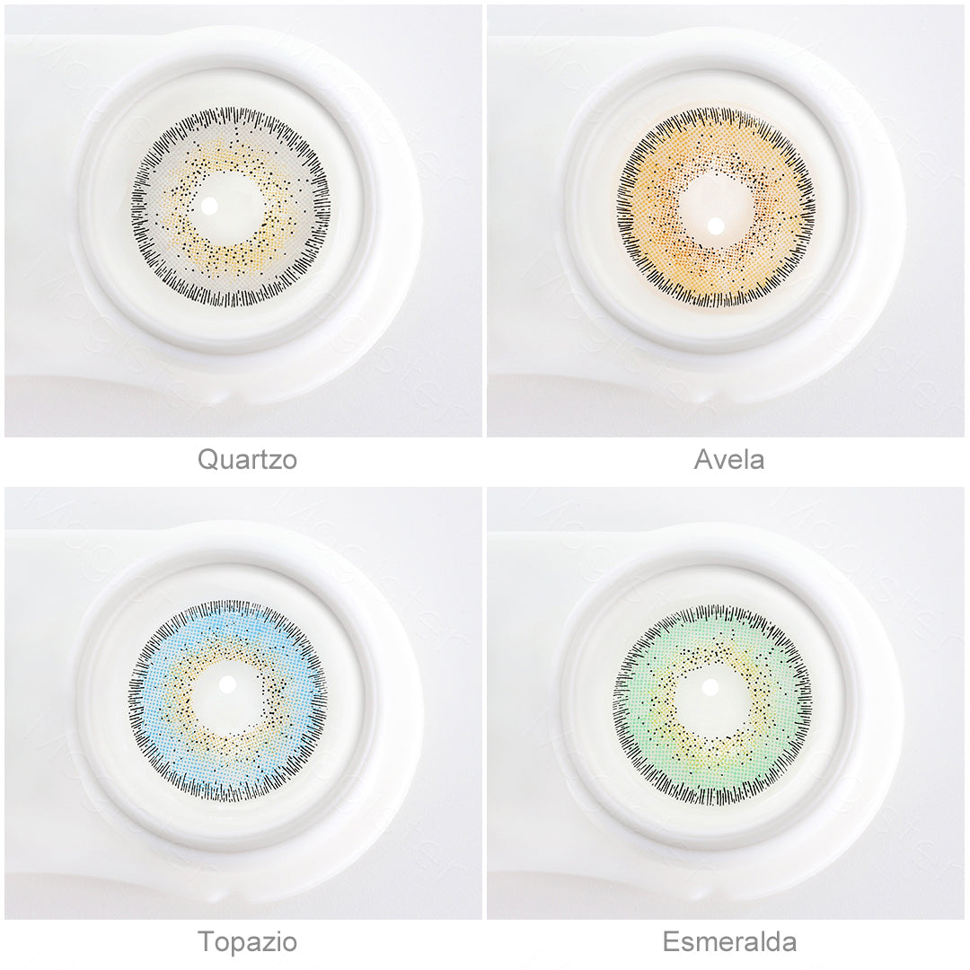 Array of NATURAL contact lenses in a white case, showcasing 4 colors: Quartzo, Avela, Topazio and Esmeralda. Each lens is labeled with its color name beneath the case.