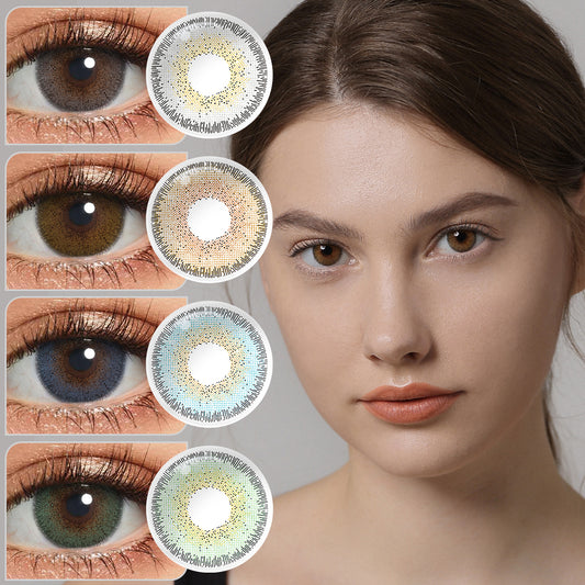 A young lady showcasing NATURAL colored contact lenses, with close-up insets highlighting the natural and enhanced eye colors available.