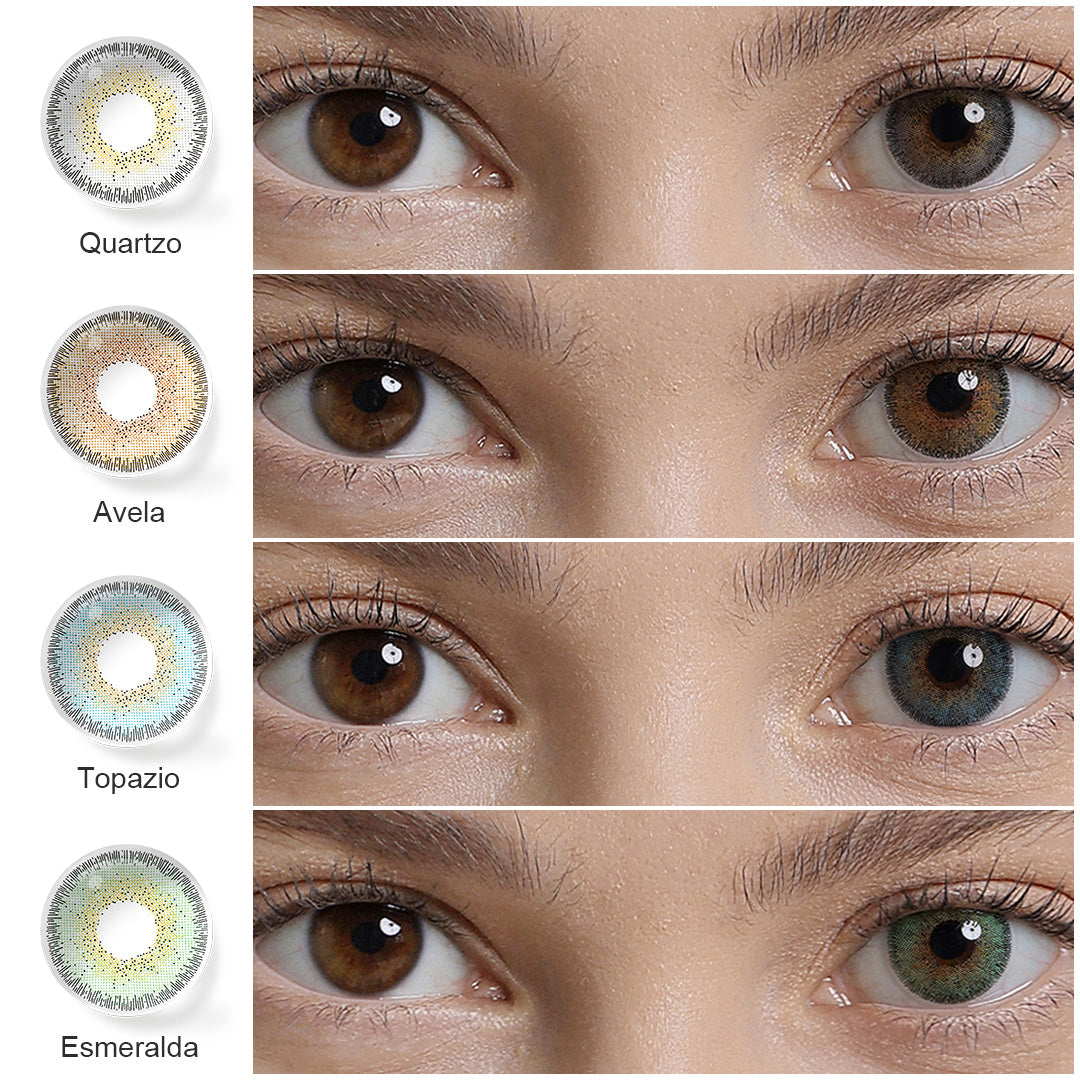 A display of NATURAL colored contact lenses in Quartzo, Avela, Topazio  and Esmeralda, each shown both as a lens swatch and wearing comparison in a close-up of a model's eye , with the color names labeled beneath each image.