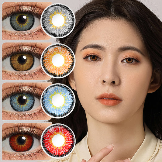 A young lady showcasing NEON series colored contact lenses, with close-up insets highlighting the natural and enhanced eye colors available 