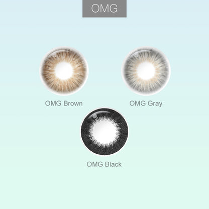 Grid layout of OMG colored contact lenses in various shades with each lens' color name: Brown, Gray and Black, on a soft gradient background.