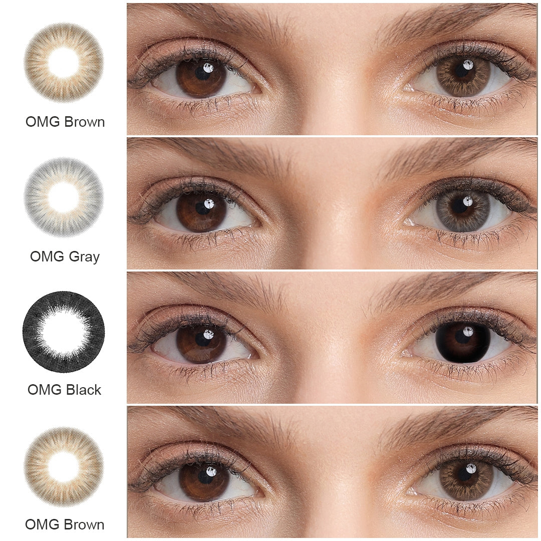 A display of OMG colored contacts in Brown, Gray and Black, each shown both as a lens swatch and wearing comparison in a close-up of a model's eye , with the color names labeled beneath each image.