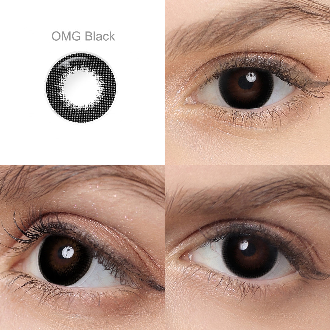 Grid display of 1 shade of OMG colored contact lenses, labeled OMG black, with a close-up view of the lens pattern and the effect on a brown-eyed model in 3 different angel.