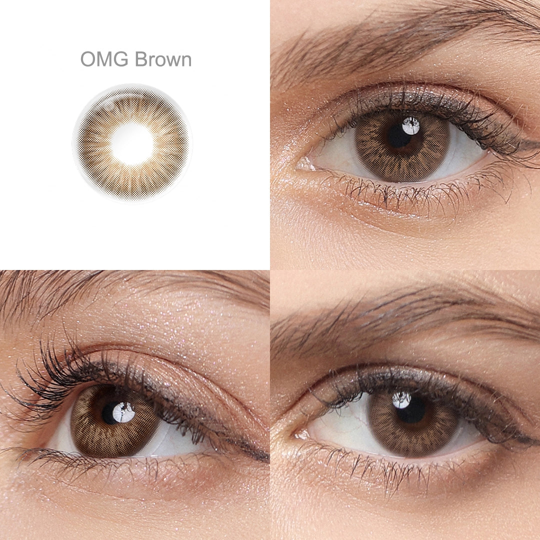 Grid display of 1 shade of OMG colored contact lenses, labeled OMG brown, with a close-up view of the lens pattern and the effect on a brown-eyed model in 3 different angel.