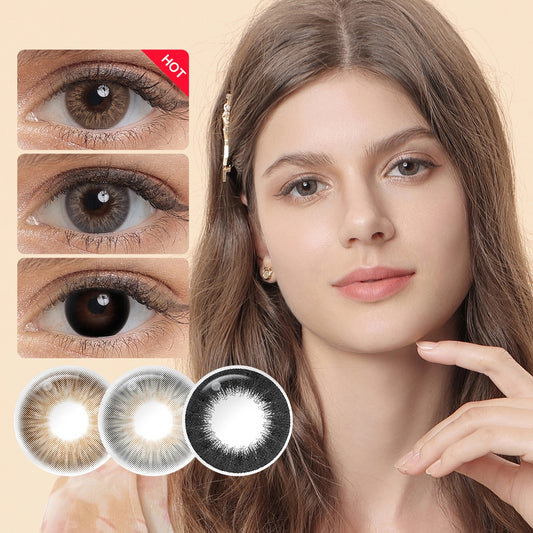 A young lady showcasing OMG colored contact lenses, with close-up insets highlighting the natural and enhanced eye colors available.