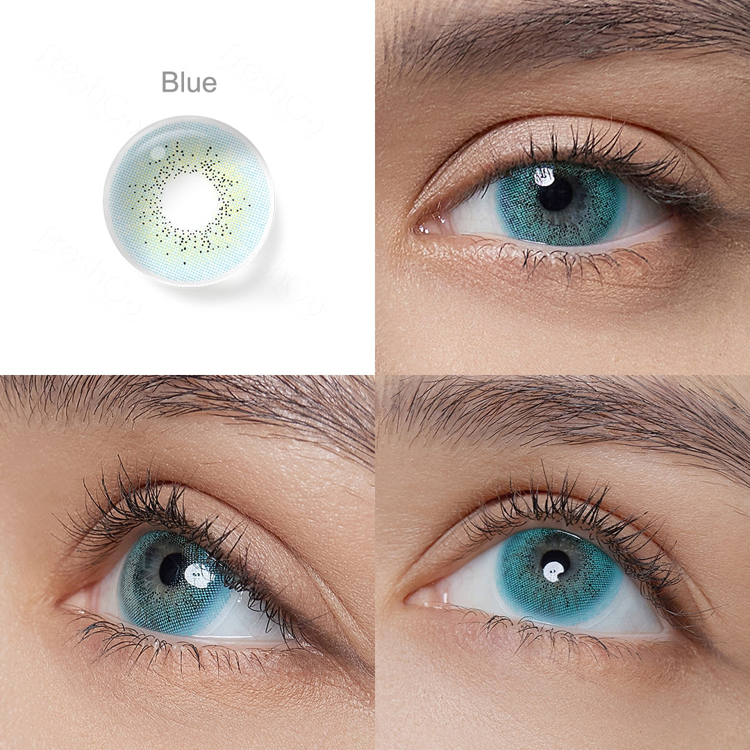 Grid display of 1 shade of Ocean colored contact lenses, labeled blue, with a close-up view of the lens pattern and the effect on a brown-eyed model in 3 different angel.