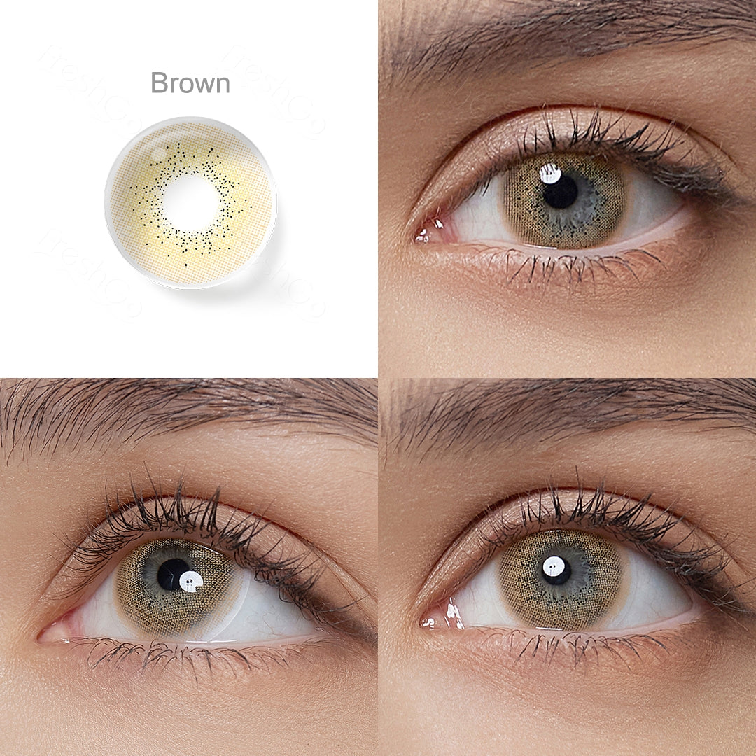 Grid display of 1 shade of Ocean colored contact lenses, labeled Brown, with a close-up view of the lens pattern and the effect on a brown-eyed model in 3 different angel.
