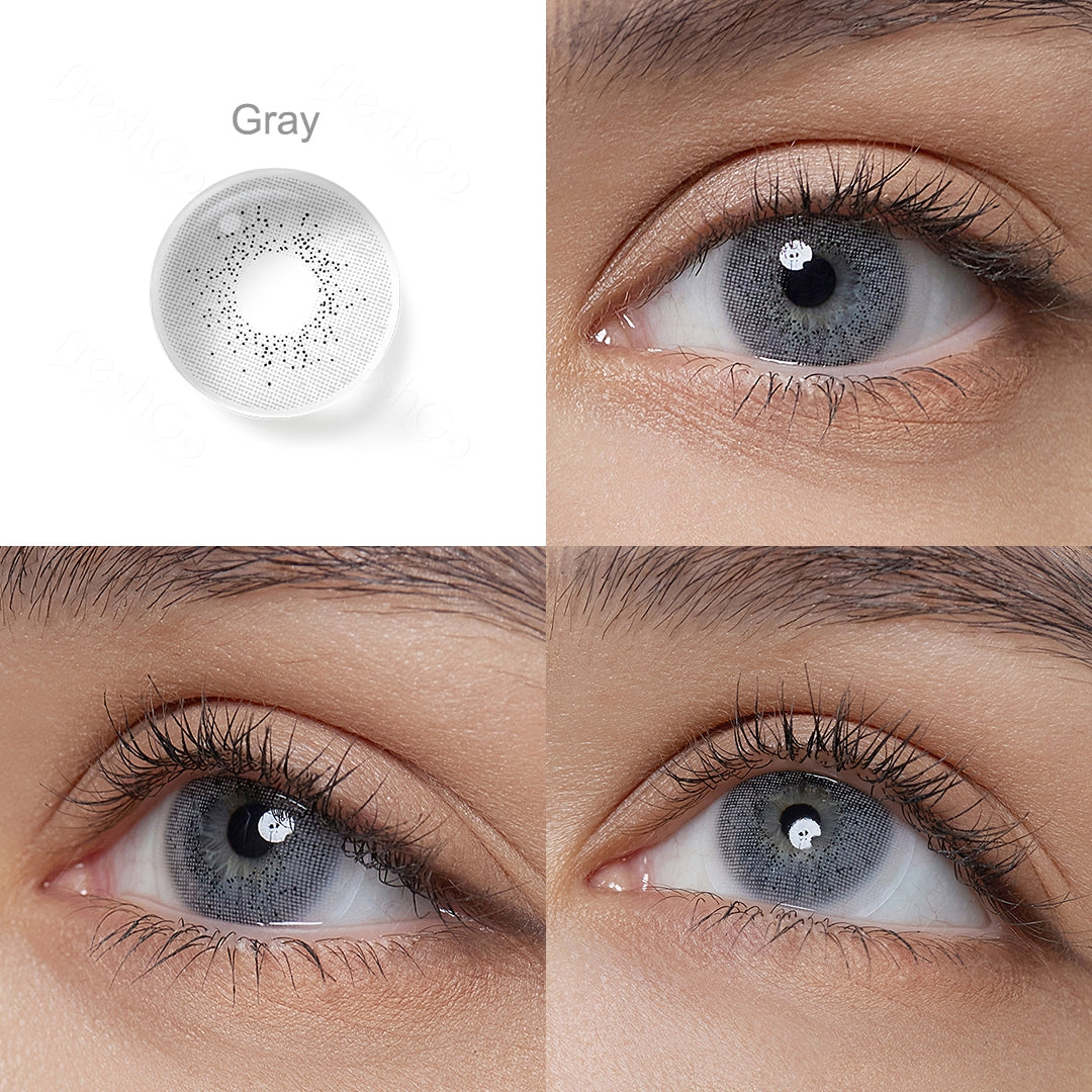 Grid display of 1 shade of Ocean colored contact lenses, labeled Gray , with a close-up view of the lens pattern and the effect on a brown-eyed model in 3 different angel.