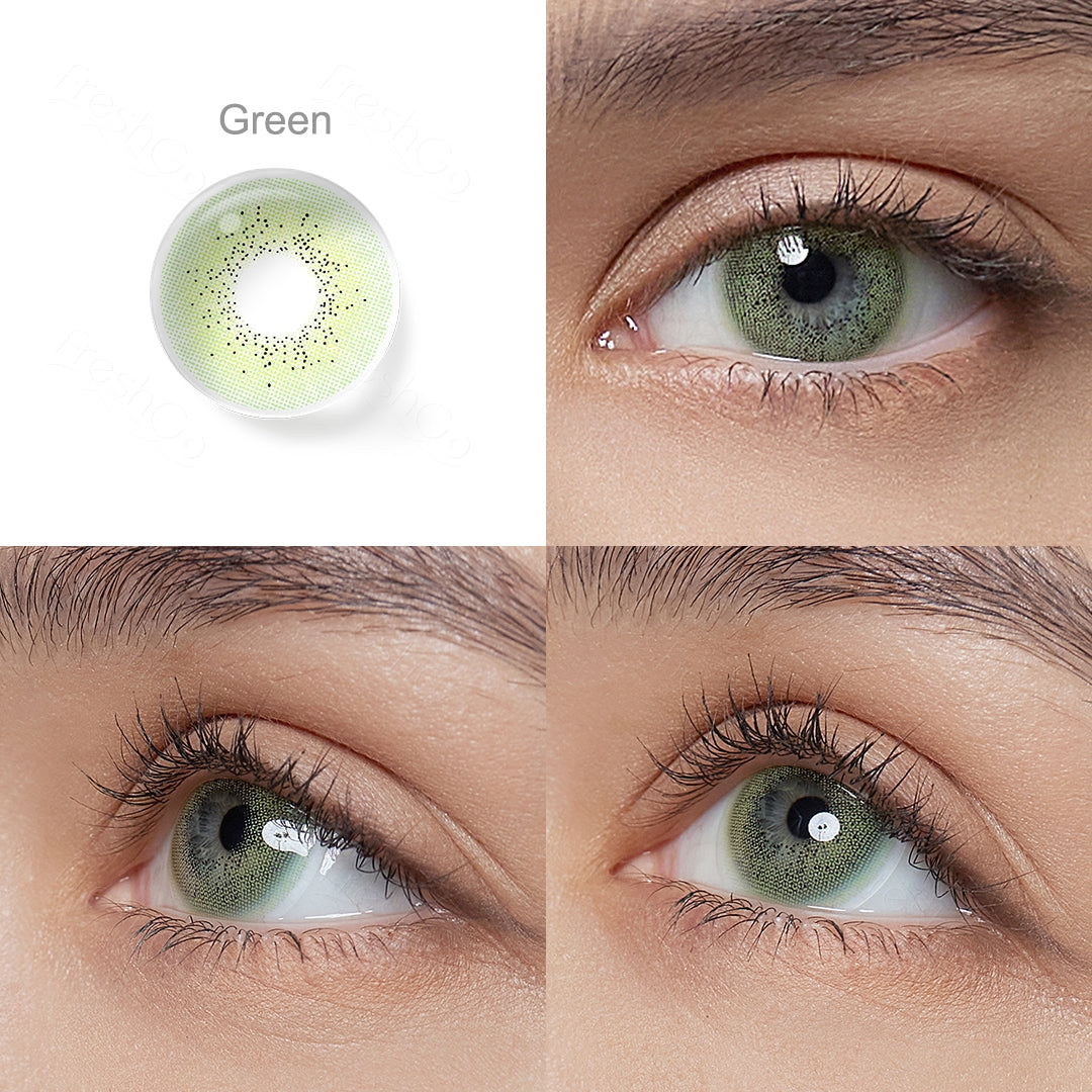 Grid display of 1 shade of Ocean colored contact lenses, labeled Green, with a close-up view of the lens pattern and the effect on a brown-eyed model in 3 different angel.