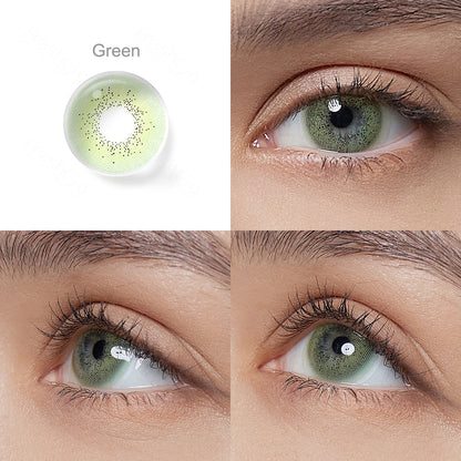 Grid display of 1 shade of Ocean colored contact lenses, labeled Green, with a close-up view of the lens pattern and the effect on a brown-eyed model in 3 different angel.