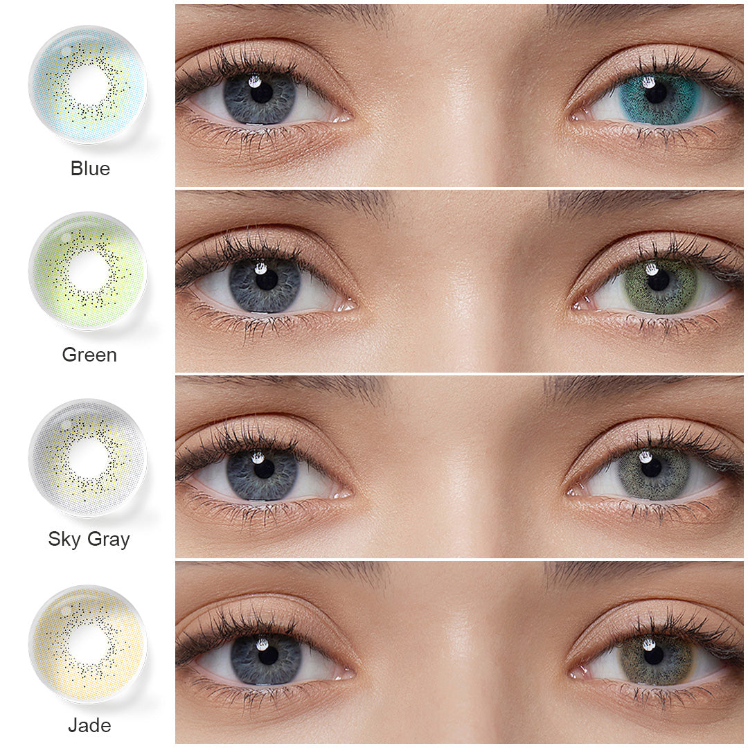 A display of Ocean Colored Contacts in Blue, Green, Sky Gray, Jade, each shown both as a lens swatch and wearing comparison in a close-up of a model's eye , with the color names labeled beneath each image.