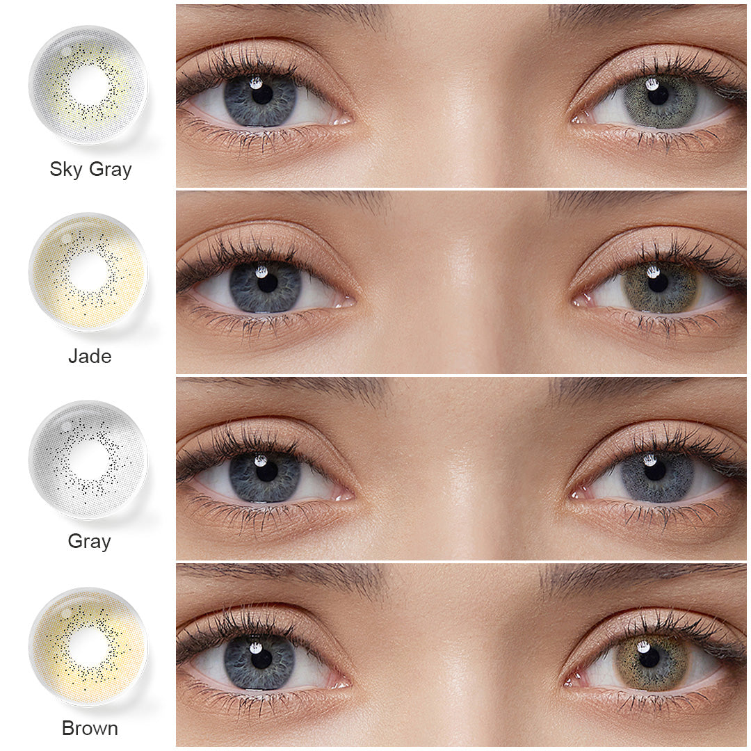 A display of Ocean Colored Contacts in Sky Gray, Jade, Gray, Brown, each shown both as a lens swatch and wearing comparison in a close-up of a model's eye , with the color names labeled beneath each image.