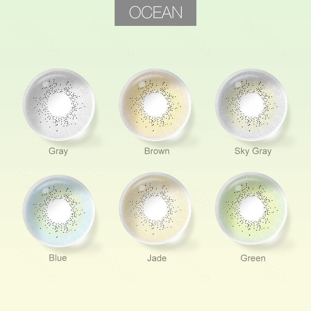 Grid layout of Ocean Colored Contacts in various shades with each lens' color name: Gray, Brown, Sky Gray, Blue, Green, Jade, on a soft gradient background.