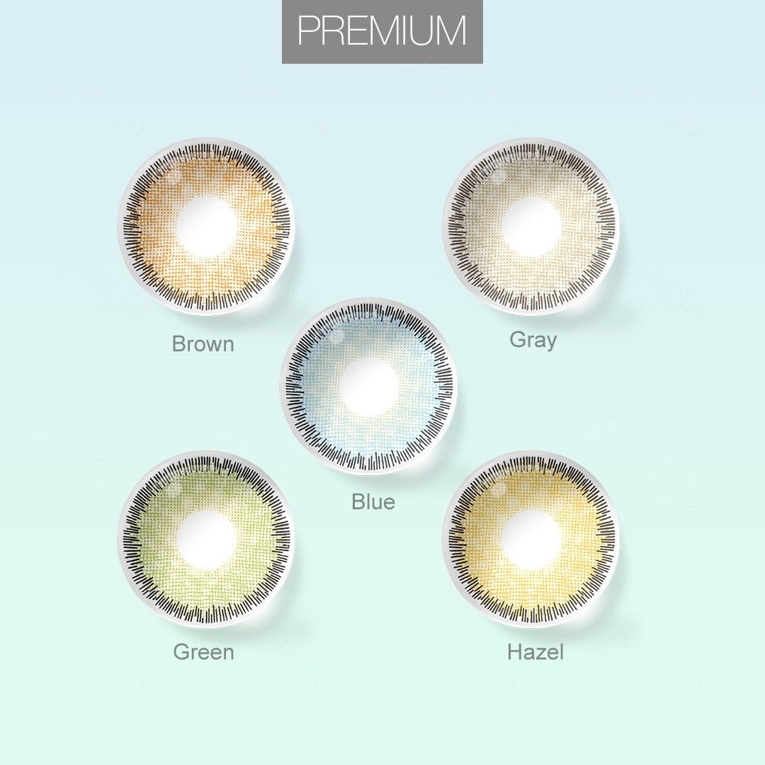 Grid layout of Premium colored contacts in various shades with each lens' color name: Brown, Gray, Blue, Green and Hazel, on a soft gradient background.