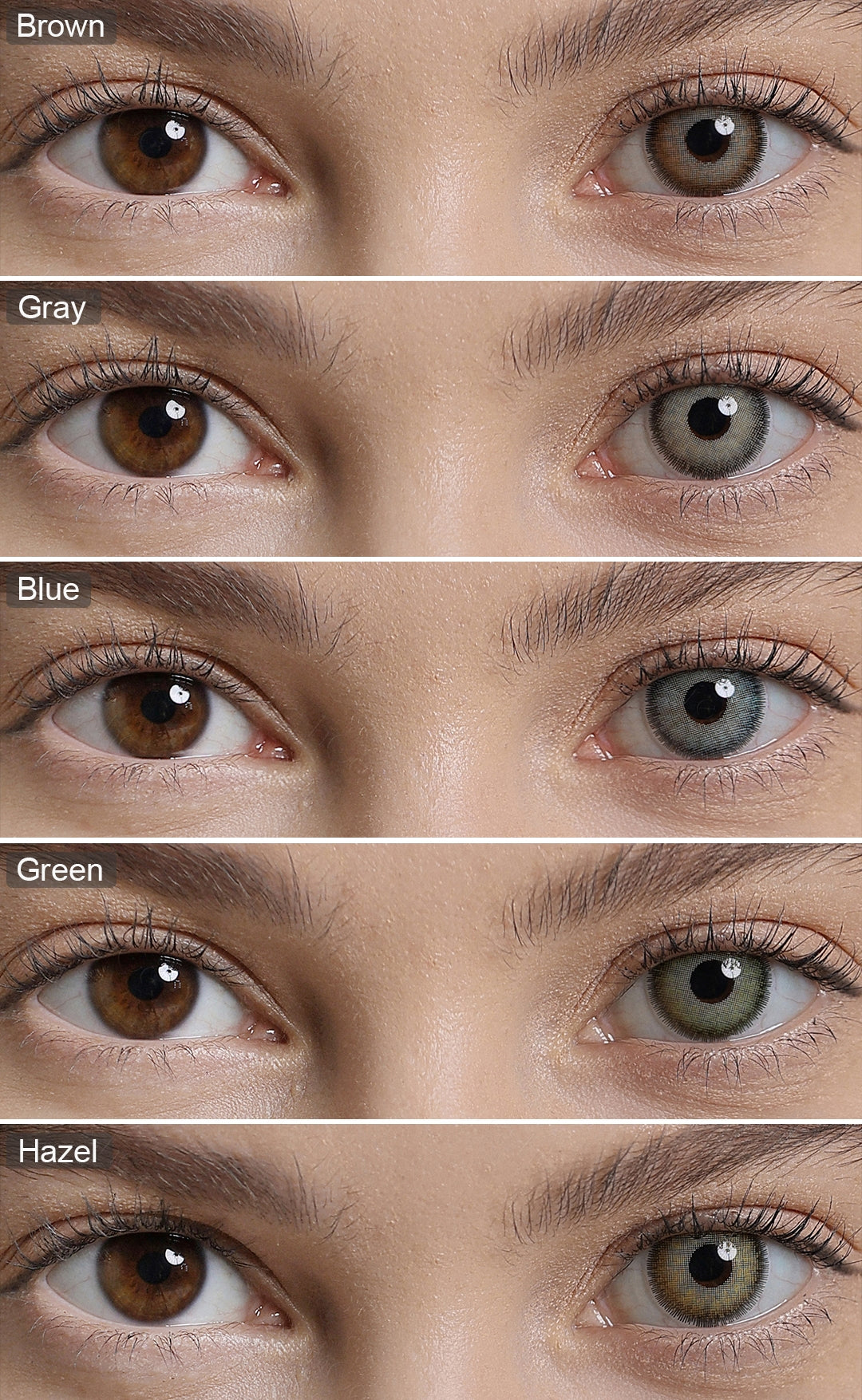 A display of Premium colored contacts in Brown, Gray, Blue, Green and Hazel， each shown both as wearing comparison in a close-up of a model's eye , with the color names labeled on each image.