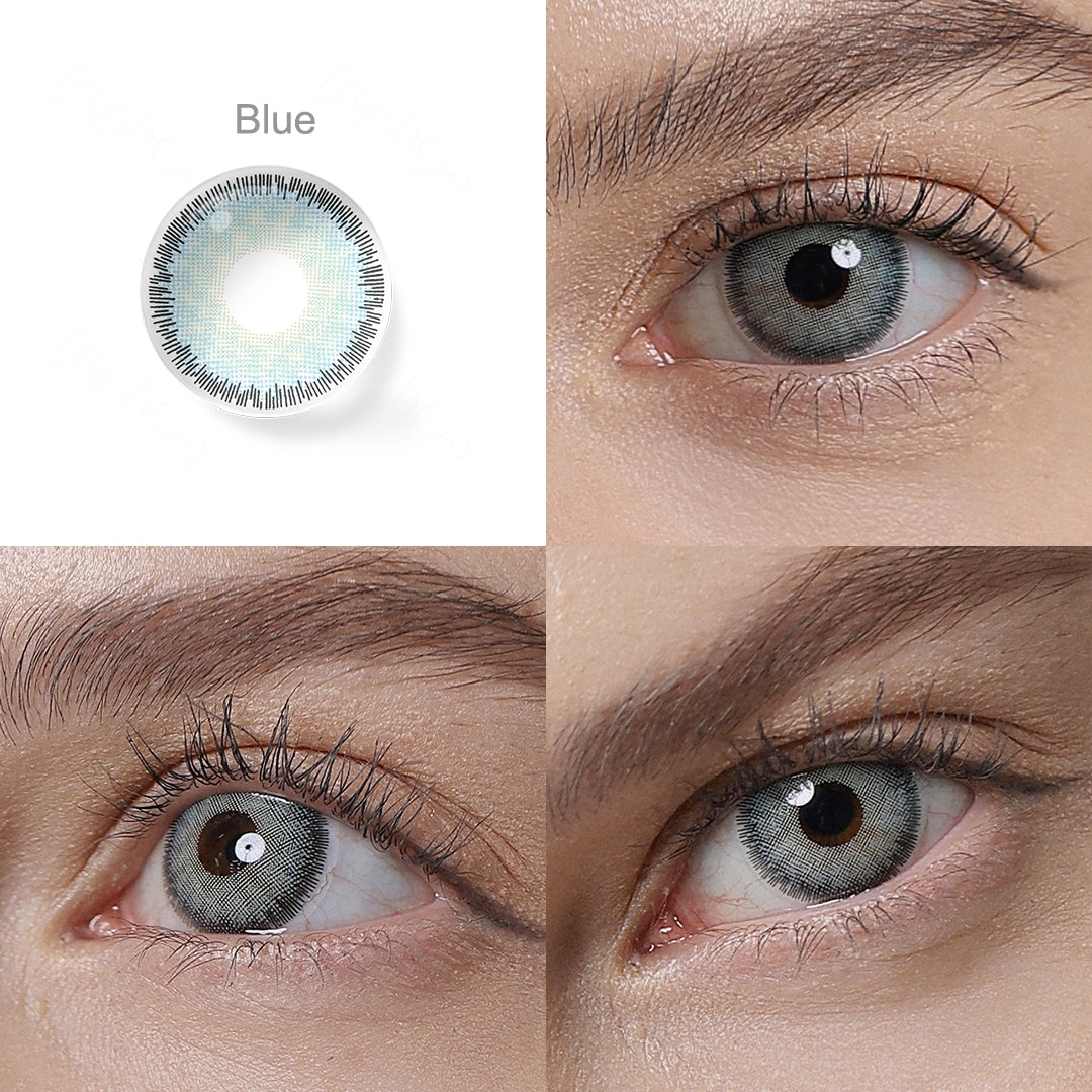 Showcase of one Premium contact lenses in natural eye settings, labeled Blue, demonstrating the transformative effect from 3 sides on the wearer's eye color.