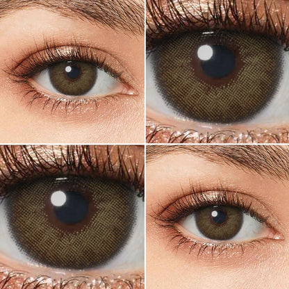 Grid display of 1 shade of Brown Premium Candy colored contact lenses, with a close-up view of the real lens and the wearing effect on a model‘s eye.