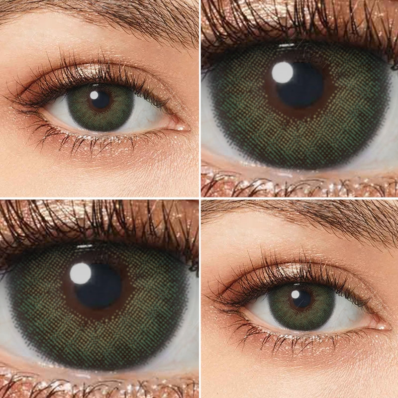 Grid display of 1 shade of Green Premium Candy colored contact lenses, with a close-up view of the real lens and the wearing effect on a model‘s eye.