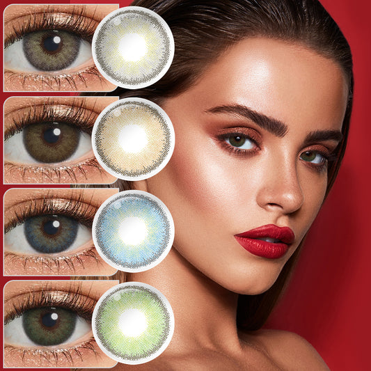 A young lady showcasing Premium Candy colored contact lenses, with close-up insets highlighting the natural and enhanced eye colors available.