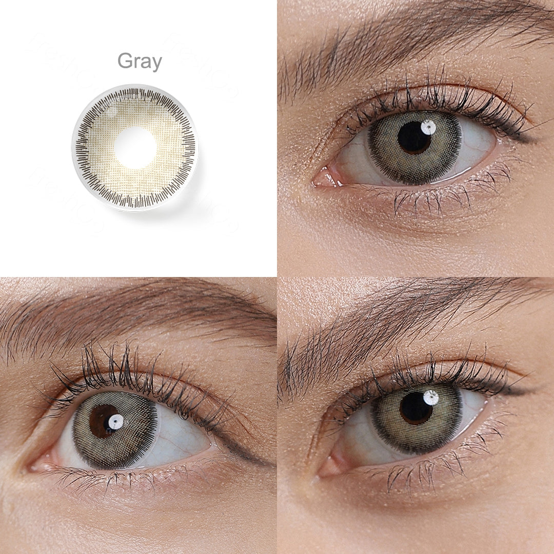 Showcase of one Premium contact lenses in natural eye settings, labeled Gray, demonstrating the transformative effect from 3 sides on the wearer's eye color.
