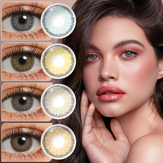 A young lady showcasing Premium Colored Contacts, with close-up insets highlighting the natural and enhanced eye colors available.