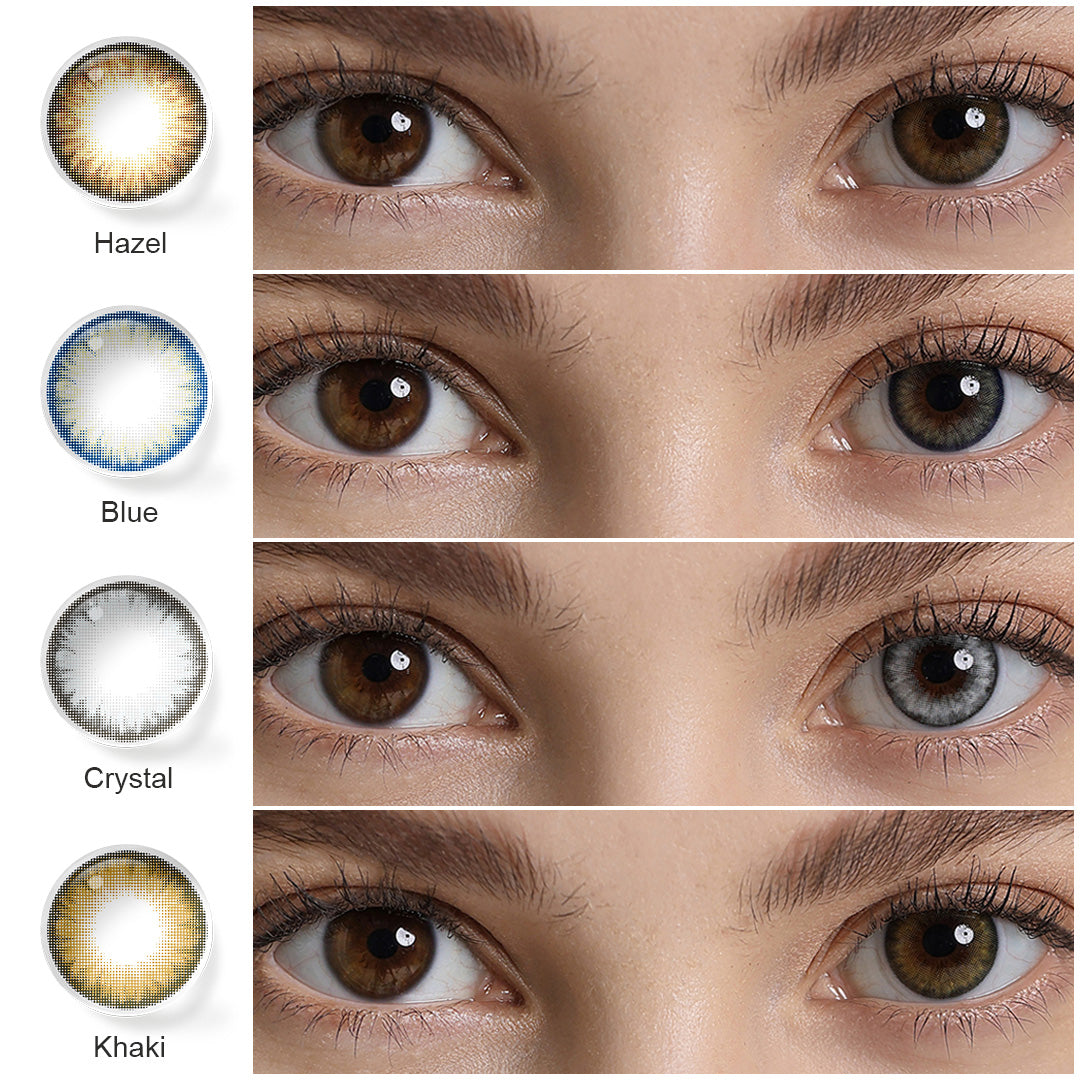 Selection of Barbie colored contact lenses presented in shades of Hazel,blue, crystal,Khaki each displayed with an eye close-up showing the lens effect on the iris, and a swatch of the lens design next to the color name.