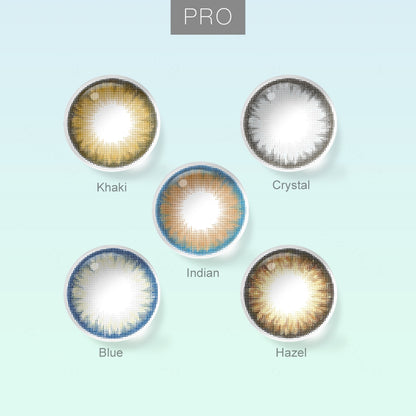Grid layout of Pro colored contact lenses in various shades with each lens' color name: Khaki,Crystal Indian,Blue,Hazel on a soft gradient background.
