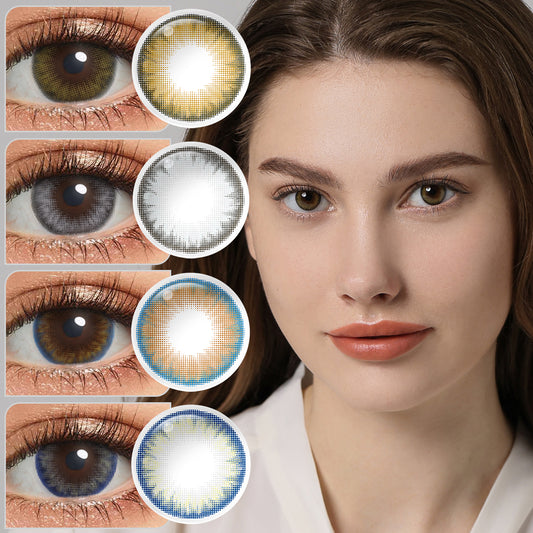 A young lady showcasing Pro colored contact lenses, with close-up insets highlighting the natural and enhanced eye colors available.