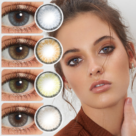 A young lady showcasing RADIANT series colored contact lenses, with close-up insets highlighting the natural and enhanced eye colors available 