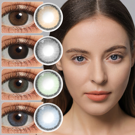 A young lady showcasing ROZE AIRY series colored contact lenses, with close-up insets highlighting the natural and enhanced eye colors available 