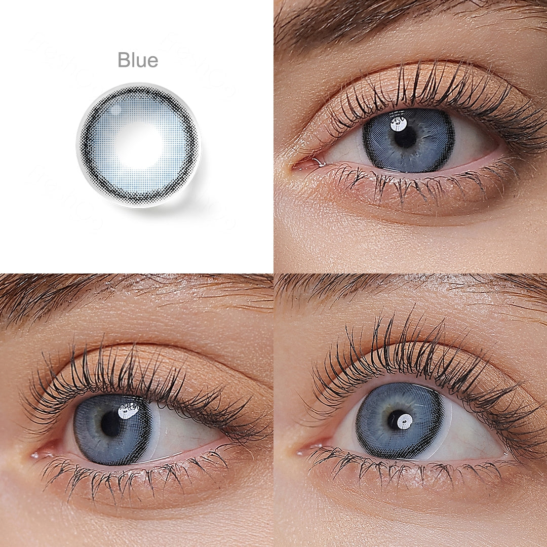 Grid display of 1 shade of Roze Airy colored contact lenses, labeled Blue, with a close-up view of the lens pattern and the effect on a brown-eyed model in 3 different angel.