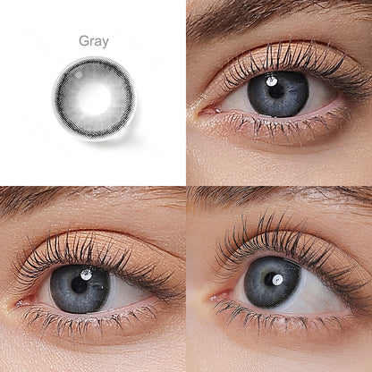 Grid display of 1 shade of Roze Airy colored contact lenses, labeled Gray, with a close-up view of the lens pattern and the effect on a brown-eyed model in 3 different angel.