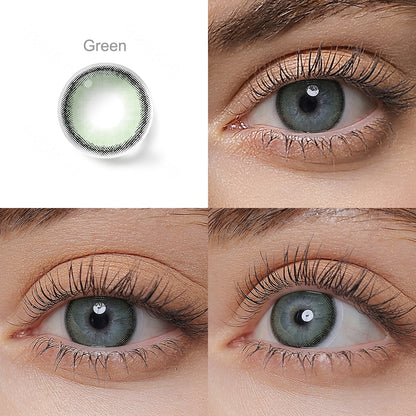 Grid display of 1 shade of Roze Airy colored contact lenses, labeled Green, with a close-up view of the lens pattern and the effect on a brown-eyed model in 3 different angel.