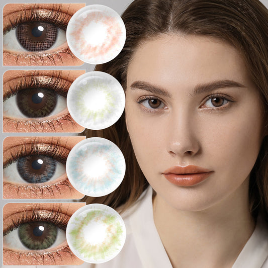 A young lady showcasing Spanish series colored contact lenses, with close-up insets highlighting the natural and enhanced eye colors available 